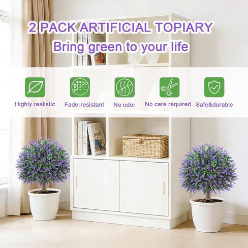 24" Artificial Lavender Boxwood Topiary Ball Trees, 2 Pack UV Resistant Fake Bushes Plants for Outdoor, Faux Shrub with Ground Spike for Indoor Front Porch Garden in Saudi Arabia