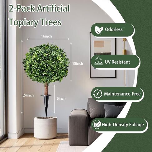Artificial Boxwood Topiary Ball Trees, Set of 2 UV Resistant Fake Evergreen Shrubs Bushes Plants with Ground Spike, 18" Fake Plants for Outdoor Indoor Front Porch Garden in Saudi Arabia