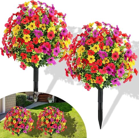 2 Pack 20"Artificial Boxwood Topiary Ball with Violet Flowers with Spikes, UV Resistant Faux Flowers with Stakes, Artificial Flowers for Outdoor Planters, Front Porch & Patio Decor（Violet Flowers） in Saudi Arabia
