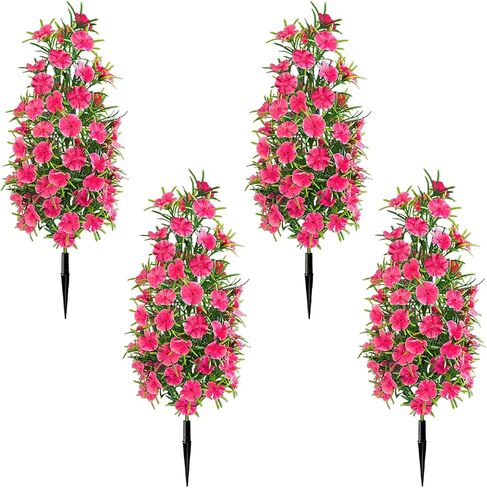 4 Pack Artificial Topiary Trees with Ground Spike for Outdoor, 19" Faux UV Resistant Shrubs with Flowers, Realistic Artificial Fake Bushes Plants for Home Garden Yard Porch Patio Decor (Rose Red) in Saudi Arabia