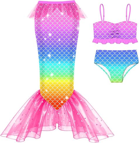 Girls Swimsuit 3 Piece Adjustable Straps Ruffle Bikini Set with Cute Organza Star Mesh Tulle Skirt 3-10Y in Saudi Arabia