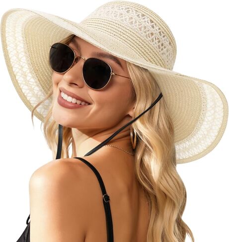 Womens Beach Sun Straw Hat, Wide Brim Sun Hat Travel Foldable Summer Wind Lanyard UPF 50+ in Kuwait