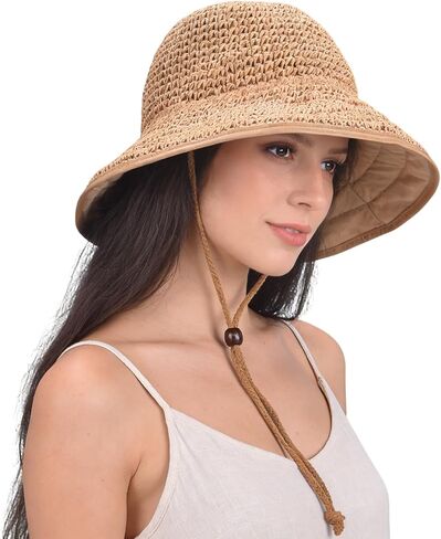 EINSKEY Women's Straw Sun Hat, UPF 50 Wide Brim Beach Hat, Foldable Packable Travel Bucket Hat with Adjustable Chin Strap, Khaki Casual Bohemian Style in Saudi Arabia