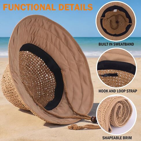 EINSKEY Women's Straw Sun Hat, UPF 50 Wide Brim Beach Hat, Foldable Packable Travel Bucket Hat with Adjustable Chin Strap, Khaki Casual Bohemian Style in Saudi Arabia