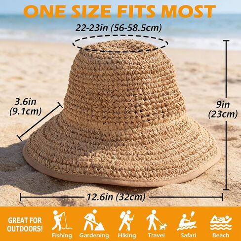 EINSKEY Women's Straw Sun Hat, UPF 50 Wide Brim Beach Hat, Foldable Packable Travel Bucket Hat with Adjustable Chin Strap, Khaki Casual Bohemian Style in Saudi Arabia