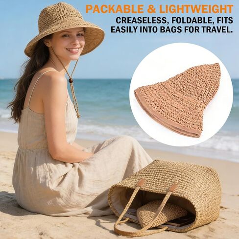 EINSKEY Women's Straw Sun Hat, UPF 50 Wide Brim Beach Hat, Foldable Packable Travel Bucket Hat with Adjustable Chin Strap, Khaki Casual Bohemian Style in Saudi Arabia