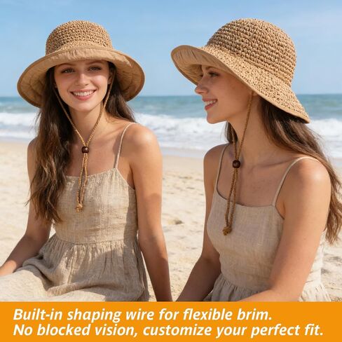 EINSKEY Women's Straw Sun Hat, UPF 50 Wide Brim Beach Hat, Foldable Packable Travel Bucket Hat with Adjustable Chin Strap, Khaki Casual Bohemian Style in Saudi Arabia