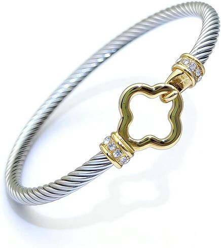 Decpro Twist Stainless Steel Cable Wire Gold Plated Flower Charm Bracelets Clover Lucky Bracelet Friendship Open Bangle Wrist Cuff for Women in Kuwait