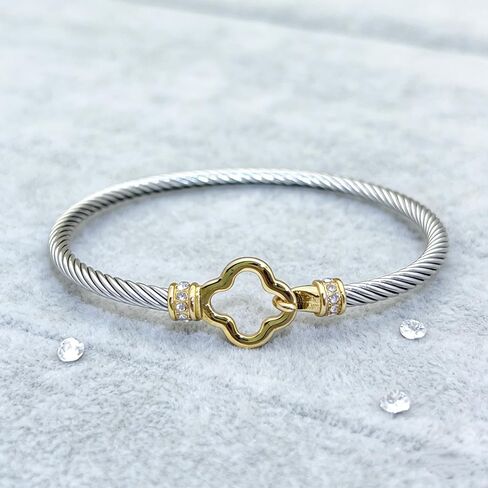 Decpro Twist Stainless Steel Cable Wire Gold Plated Flower Charm Bracelets Clover Lucky Bracelet Friendship Open Bangle Wrist Cuff for Women in Kuwait