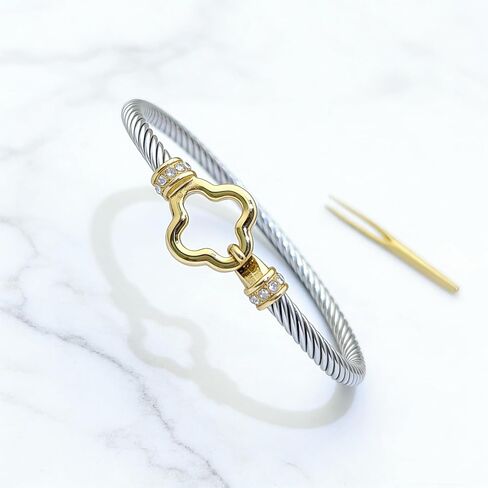 Decpro Twist Stainless Steel Cable Wire Gold Plated Flower Charm Bracelets Clover Lucky Bracelet Friendship Open Bangle Wrist Cuff for Women in Kuwait