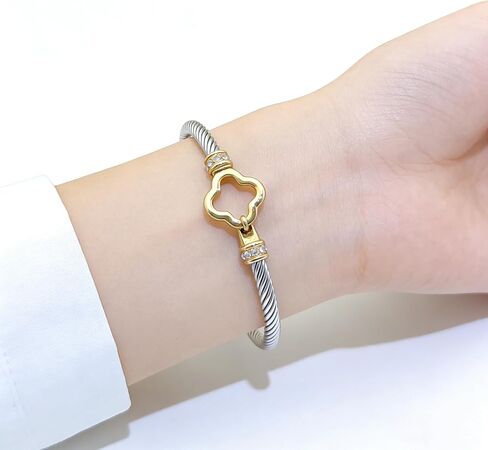 Decpro Twist Stainless Steel Cable Wire Gold Plated Flower Charm Bracelets Clover Lucky Bracelet Friendship Open Bangle Wrist Cuff for Women in Kuwait