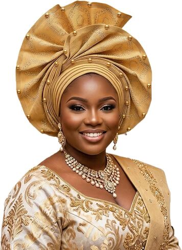 African Gele Head Wrap for Women, Nigerian Headpiece, Pre-Tied with Velcro, Beaded Turban Hat in Saudi Arabia
