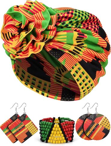 4 قطعة مجموعة التفاف الرأس الأفريقية Kente قبعة قماش Kente قبعة التاريخ الأسود مجوهرات اكسسوارات أفريقية للنساء السود Juneteenth in Kuwait