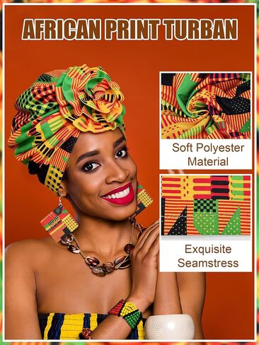 4 قطعة مجموعة التفاف الرأس الأفريقية Kente قبعة قماش Kente قبعة التاريخ الأسود مجوهرات اكسسوارات أفريقية للنساء السود Juneteenth in Kuwait