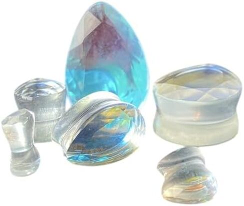 PAIR of Brilliant Faceted Luminous Moonstone Iridescent Glass Teardrop Plugs Double Flare Gauges - Body Jewelry in Kuwait
