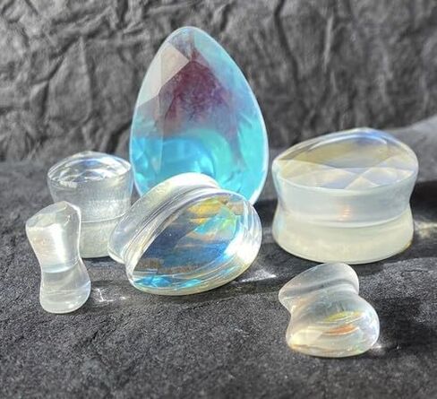PAIR of Brilliant Faceted Luminous Moonstone Iridescent Glass Teardrop Plugs Double Flare Gauges - Body Jewelry in Kuwait