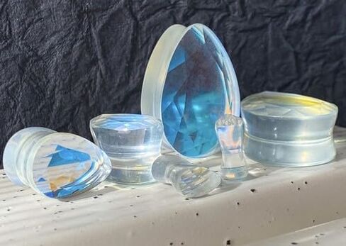 PAIR of Brilliant Faceted Luminous Moonstone Iridescent Glass Teardrop Plugs Double Flare Gauges - Body Jewelry in Kuwait