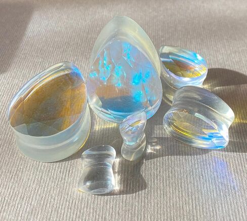 PAIR of Brilliant Faceted Luminous Moonstone Iridescent Glass Teardrop Plugs Double Flare Gauges - Body Jewelry in Kuwait