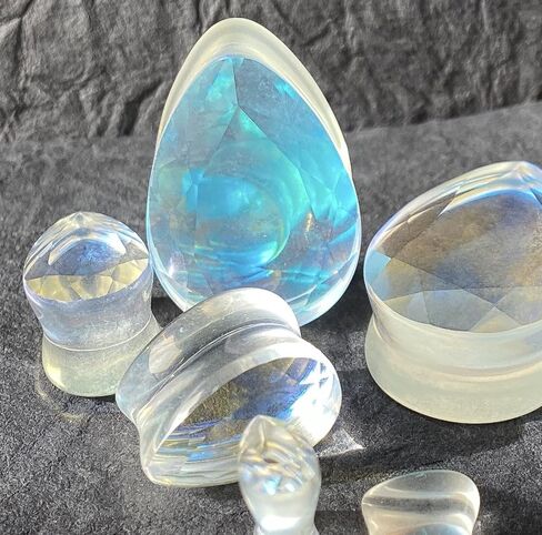 PAIR of Brilliant Faceted Luminous Moonstone Iridescent Glass Teardrop Plugs Double Flare Gauges - Body Jewelry in Kuwait