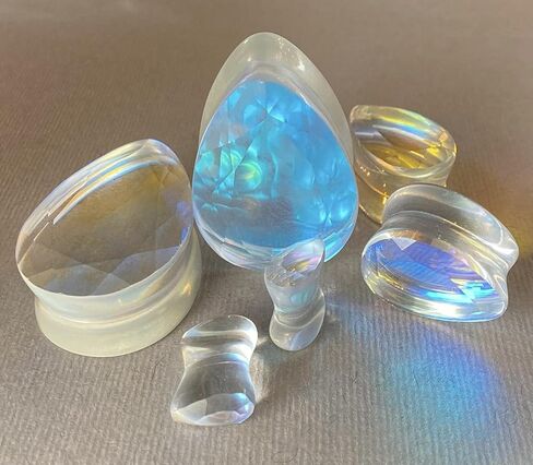 PAIR of Brilliant Faceted Luminous Moonstone Iridescent Glass Teardrop Plugs Double Flare Gauges - Body Jewelry in Kuwait