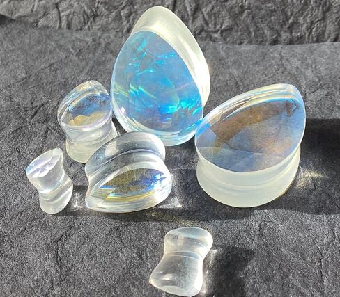PAIR of Brilliant Faceted Luminous Moonstone Iridescent Glass Teardrop Plugs Double Flare Gauges - Body Jewelry in Kuwait
