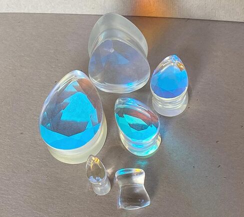 PAIR of Brilliant Faceted Luminous Moonstone Iridescent Glass Teardrop Plugs Double Flare Gauges - Body Jewelry in Kuwait