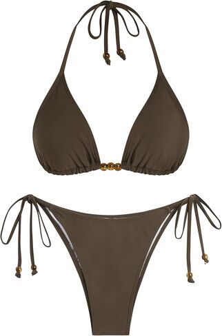 ZAFUL Women's Triangle Bikini Lace Frilled Ruffles Gingham Print Tie Side Spaghetti Strap 2 Pieces Bikini Swimsuit in Kuwait