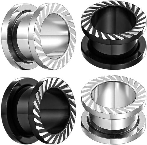 ARTFAN Black Silver Ear Gauges, 4PCS Stainless Steel Screw Plugs Tunnels Gauges for Stretched Ears, Ear Gauges Stretcher for Women Men, Hypoallergenic Body Piercing Jewelry in Kuwait