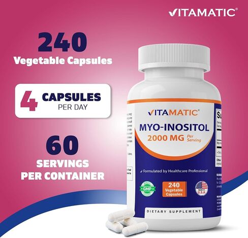 Vitamatic Myo-Inositol 2000 mg Per Serving – 240 Vegetable Capsules – 60 Servings – Non-GMO, Gluten Free – Made in USA in Saudi Arabia