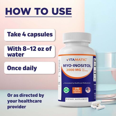 Vitamatic Myo-Inositol 2000 mg Per Serving – 240 Vegetable Capsules – 60 Servings – Non-GMO, Gluten Free – Made in USA in Saudi Arabia