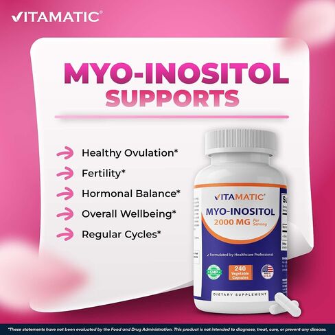 Vitamatic Myo-Inositol 2000 mg Per Serving – 240 Vegetable Capsules – 60 Servings – Non-GMO, Gluten Free – Made in USA in Saudi Arabia