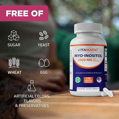 Vitamatic Myo-Inositol 2000 mg Per Serving – 240 Vegetable Capsules – 60 Servings – Non-GMO, Gluten Free – Made in USA in Saudi Arabia