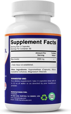 Vitamatic Myo-Inositol 2000 mg Per Serving – 240 Vegetable Capsules – 60 Servings – Non-GMO, Gluten Free – Made in USA in Saudi Arabia
