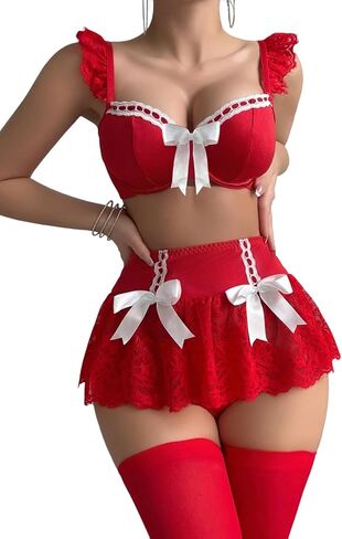 Sexy Stocking Ruffle Mini Skirt Bow Mesh Sheer Floral Lace Outfit Lingerie Set 5 Piece Women in Kuwait