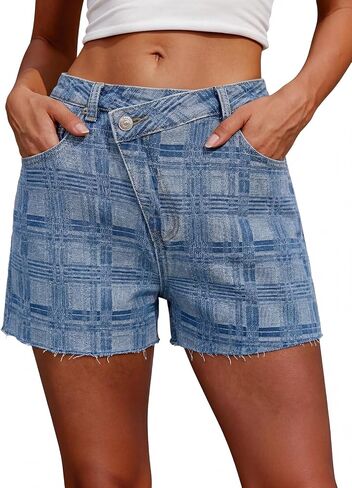 Genleck Women‘s Jean Shorts Stretchy Crossover High Waisted Frayed Raw Hem Denim Shorts Casual Summer Hot Shorts 2026 Jorts in Saudi Arabia