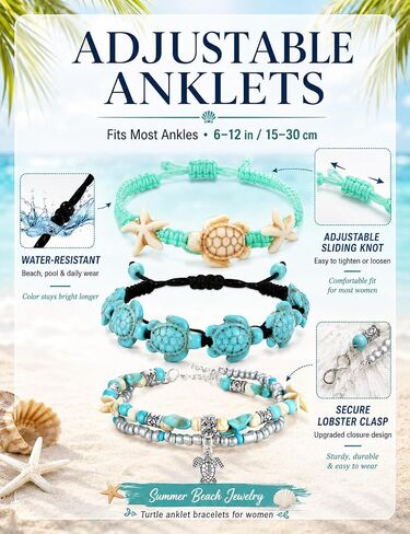 FASACCO 10 PCS Turtle Ankle Bracelets for Women Waterproof Handmade Starfish Sea Turtle Bracelet Adjustable Boho Summer Beach Bracelets for Women in Saudi Arabia