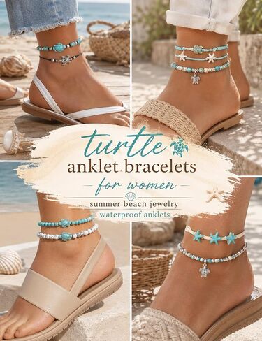 FASACCO 10 PCS Turtle Ankle Bracelets for Women Waterproof Handmade Starfish Sea Turtle Bracelet Adjustable Boho Summer Beach Bracelets for Women in Saudi Arabia