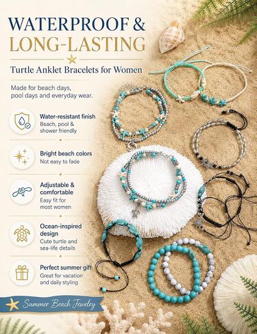 FASACCO 10 PCS Turtle Ankle Bracelets for Women Waterproof Handmade Starfish Sea Turtle Bracelet Adjustable Boho Summer Beach Bracelets for Women in Saudi Arabia