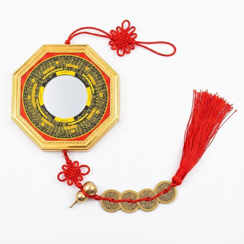 Feng Shui Bagua Mirror Set, Concave Protection Mirror with Five Emperor Coins & Brass Wu Lou Gourd, Front Door Energy Protection, Wealth & Health Feng Shui Decor for Home in Kuwait