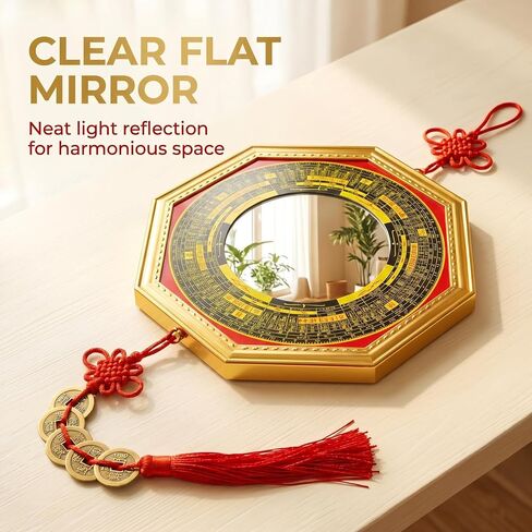 Feng Shui Bagua Mirror Set, Concave Protection Mirror with Five Emperor Coins & Brass Wu Lou Gourd, Front Door Energy Protection, Wealth & Health Feng Shui Decor for Home in Kuwait