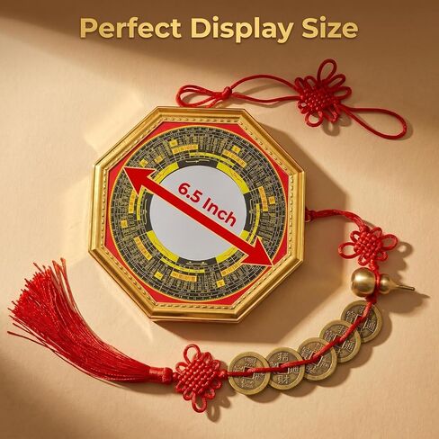 Feng Shui Bagua Mirror Set, Concave Protection Mirror with Five Emperor Coins & Brass Wu Lou Gourd, Front Door Energy Protection, Wealth & Health Feng Shui Decor for Home in Kuwait