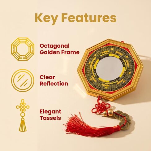 Feng Shui Bagua Mirror Set, Concave Protection Mirror with Five Emperor Coins & Brass Wu Lou Gourd, Front Door Energy Protection, Wealth & Health Feng Shui Decor for Home in Kuwait