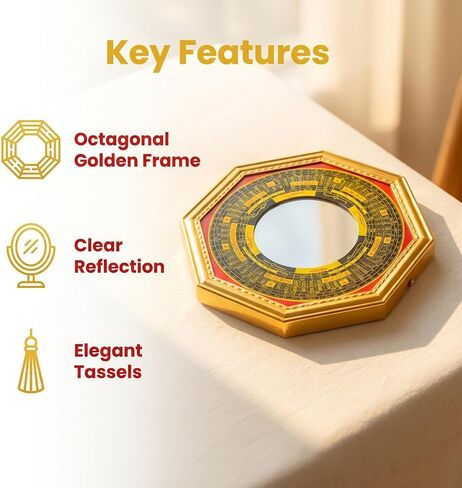 Feng Shui Bagua Mirror Set, Concave Protection Mirror with Five Emperor Coins & Brass Wu Lou Gourd, Front Door Energy Protection, Wealth & Health Feng Shui Decor for Home in Kuwait