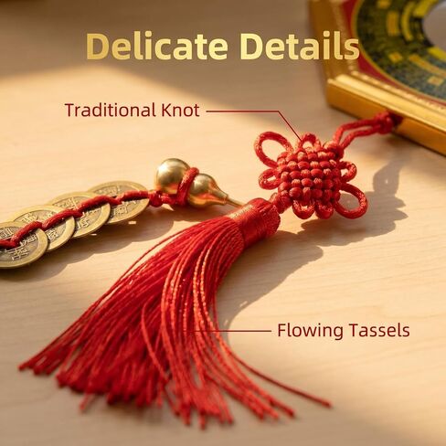 Feng Shui Bagua Mirror Set, Concave Protection Mirror with Five Emperor Coins & Brass Wu Lou Gourd, Front Door Energy Protection, Wealth & Health Feng Shui Decor for Home in Kuwait