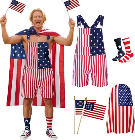 American Flag Overalls for Men - 4th of July Patriotic Bib Overalls with Cape Socks Flags Red White Blue USA Outfit in Saudi Arabia