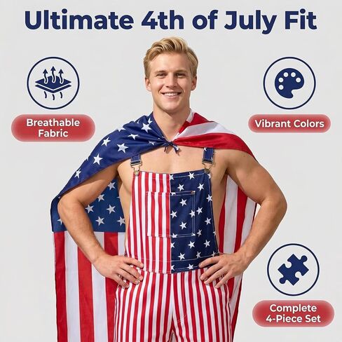 American Flag Overalls for Men - 4th of July Patriotic Bib Overalls with Cape Socks Flags Red White Blue USA Outfit in Saudi Arabia