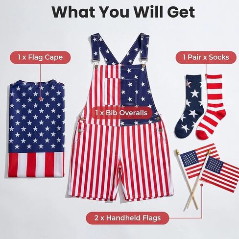 American Flag Overalls for Men - 4th of July Patriotic Bib Overalls with Cape Socks Flags Red White Blue USA Outfit in Saudi Arabia