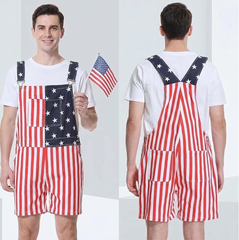 American Flag Overalls for Men - 4th of July Patriotic Bib Overalls with Cape Socks Flags Red White Blue USA Outfit in Saudi Arabia