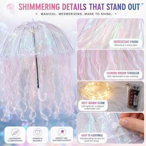 قنديل البحر مظلة تضيء عدة المرأة LED المجسم قنديل البحر مظلة زي الزينة مع شريط قزحي الألوان لحفلة البحر حورية البحر زينة عيد ميلاد تأثيري مهرجان الزي in Kuwait
