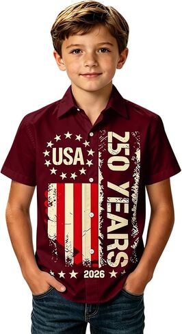 250th Anniversary USA Shirt for Kids Boys Button Down Short Sleeve 250 Years America Flag Patriotic 1776-2026 Shirt in Kuwait